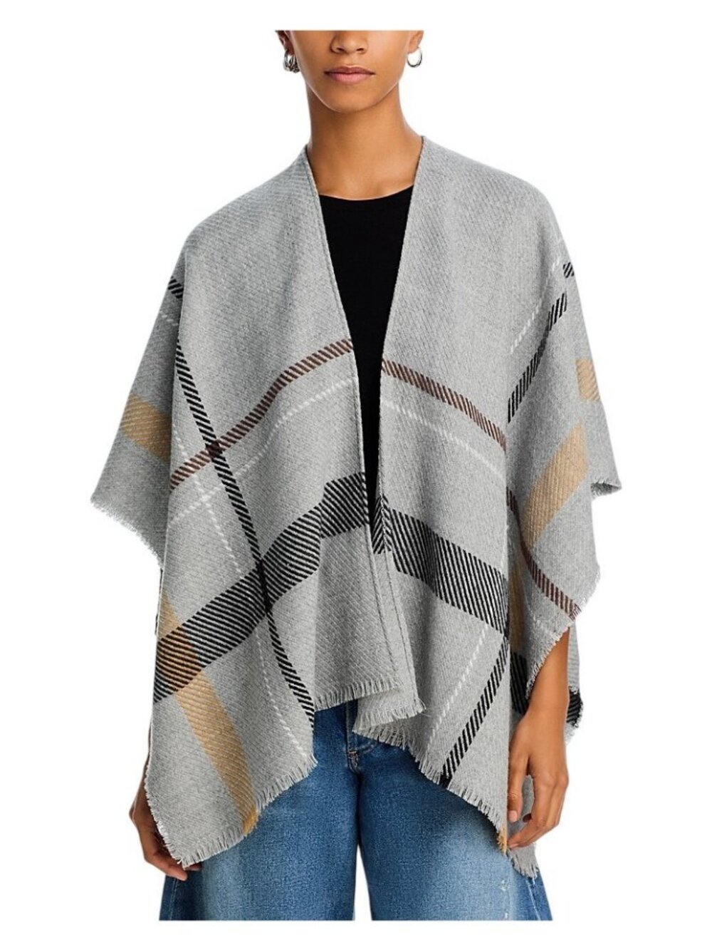 NWT Aqua Womens Fringe Lightweight Plaid Ruana 494126 Gray Grey Multi